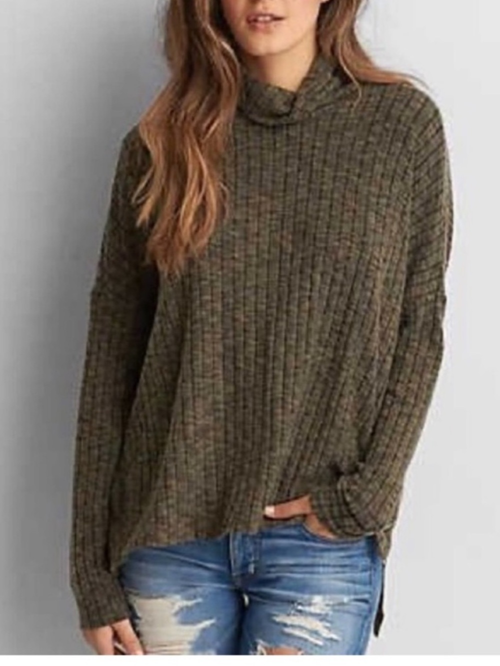 American Eagle Outfitters Olive Ribbed Cowl Neck Sweater